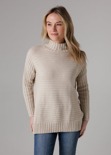 French Connection Beige Cotton Ribbed Knit High Neck Jumper