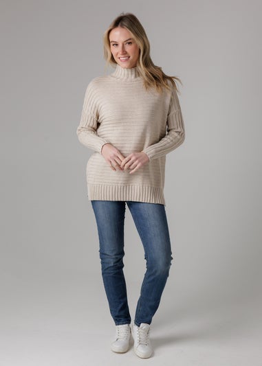 French Connection Beige Cotton Ribbed Knit High Neck Jumper