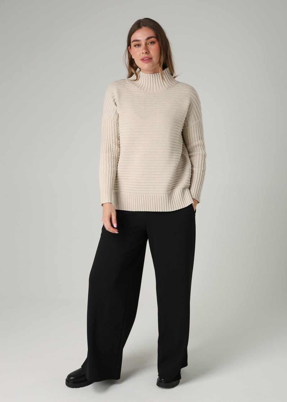 French Connection Beige Cotton Ribbed Knit High Neck Jumper