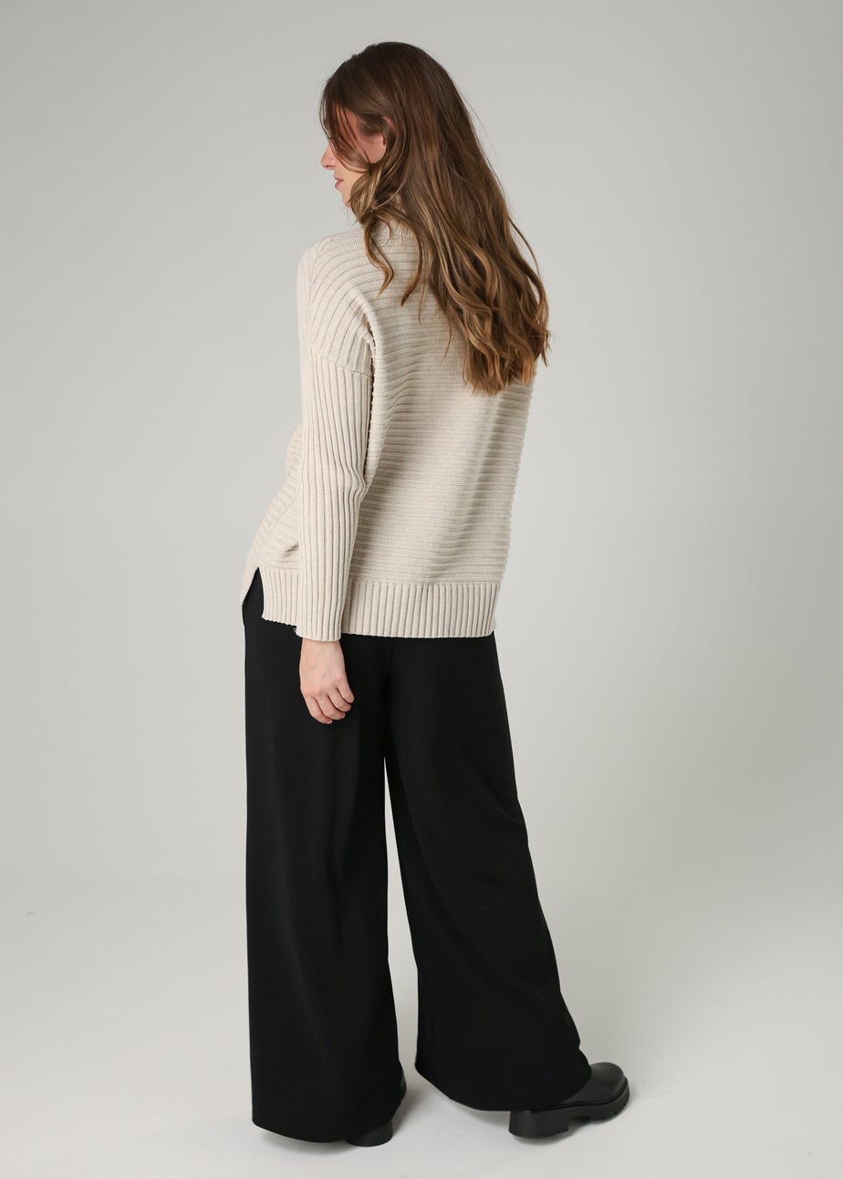 French Connection Beige Cotton Ribbed Knit High Neck Jumper