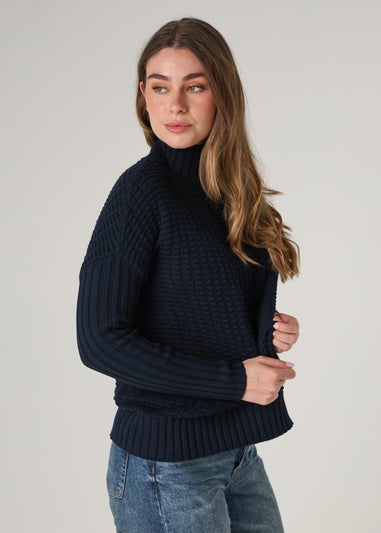 French Connection Navy Cotton Mozart Popcorn Knit High Neck Jumper