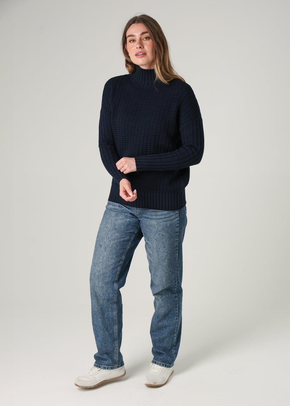 French Connection Navy Cotton Mozart Popcorn Knit High Neck Jumper
