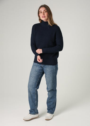 French Connection Navy Cotton Mozart Popcorn Knit High Neck Jumper