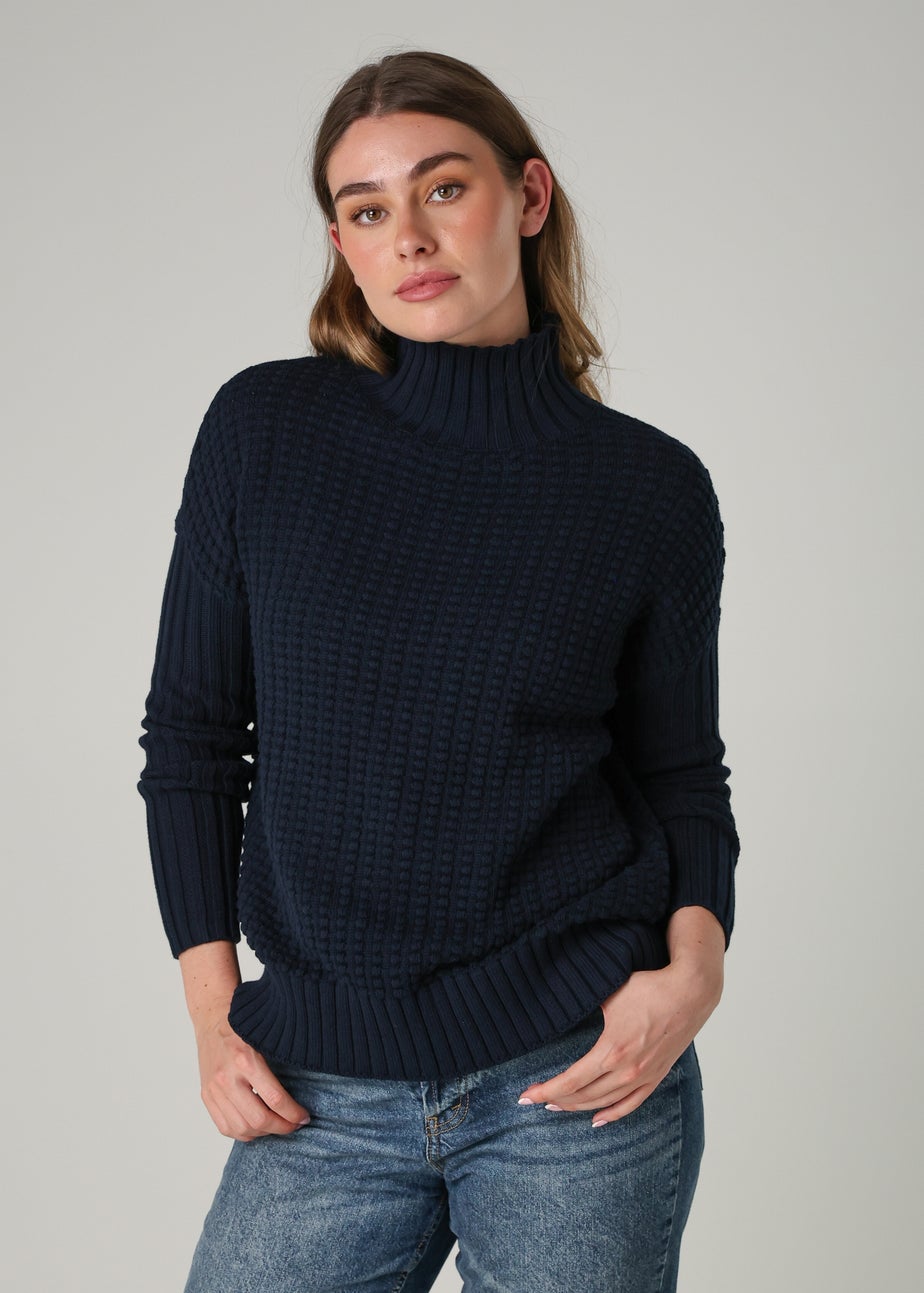French Connection Navy Cotton Mozart Popcorn Knit High Neck Jumper