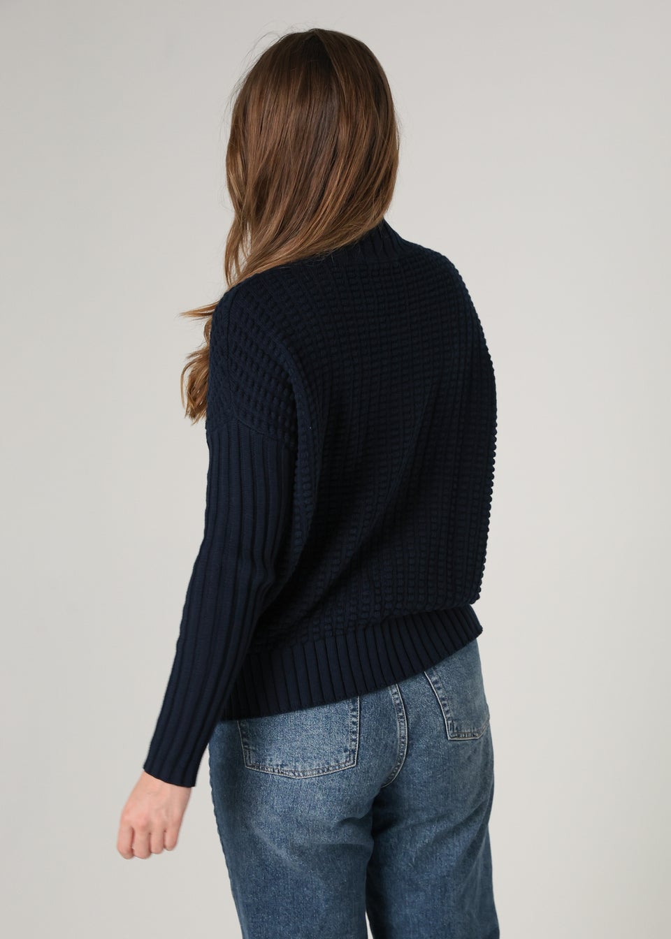 French Connection Navy Cotton Mozart Popcorn Knit High Neck Jumper
