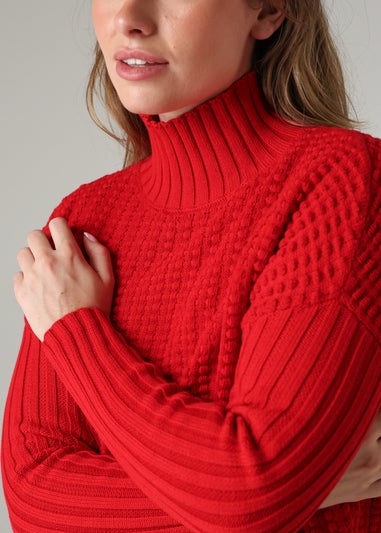 French Connection Red Cotton Mozart Popcorn Knit High Neck Jumper
