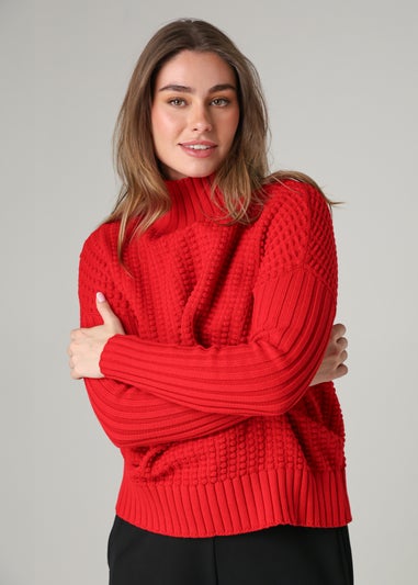 French Connection Red Cotton Mozart Popcorn Knit High Neck Jumper