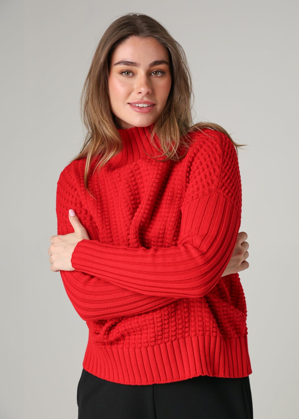 French Connection Red Cotton Mozart Popcorn Knit High Neck Jumper