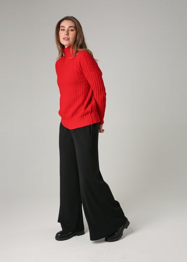 French Connection Red Cotton Mozart Popcorn Knit High Neck Jumper