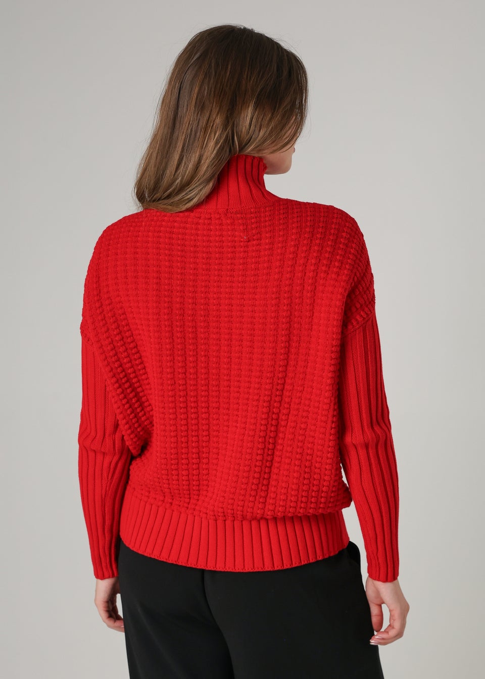French Connection Red Cotton Mozart Popcorn Knit High Neck Jumper