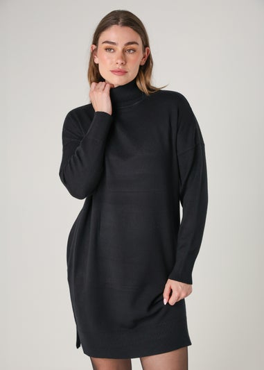 French Connection Black Cosy Roll Neck Long Sleeve Mini Dress