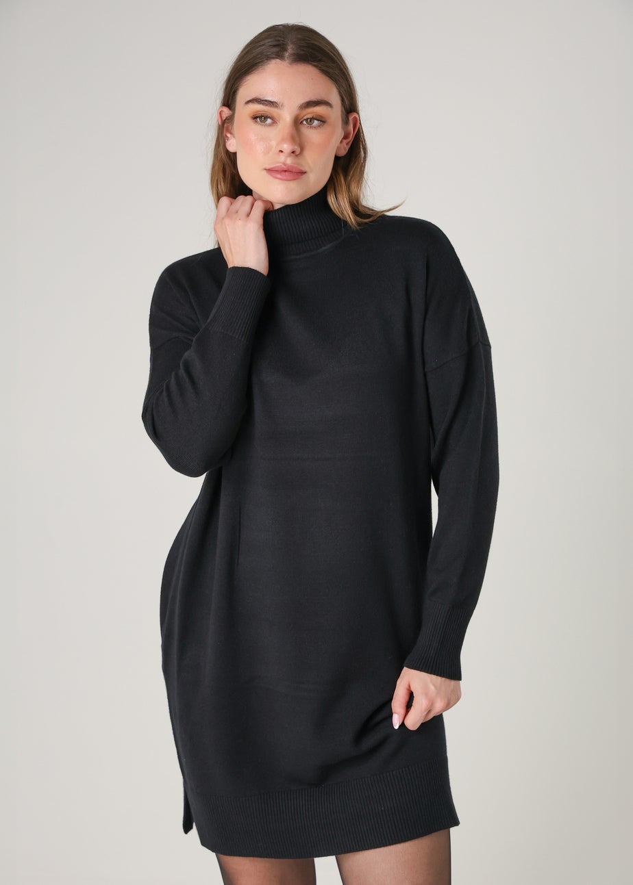 French Connection Black Cosy Roll Neck Long Sleeve Mini Dress