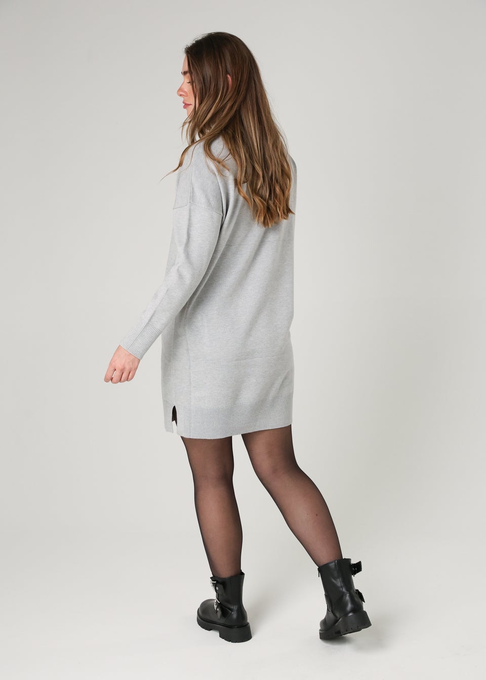French Connection Light Grey Cosy Roll Neck Long Sleeve Mini Dress