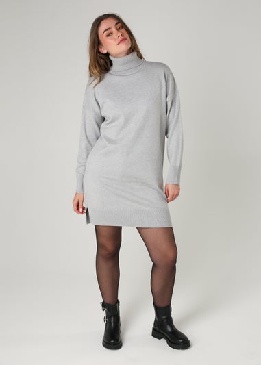 French Connection Light Grey Cosy Roll Neck Long Sleeve Mini Dress