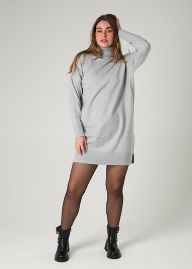 French Connection Light Grey Cosy Roll Neck Long Sleeve Mini Dress