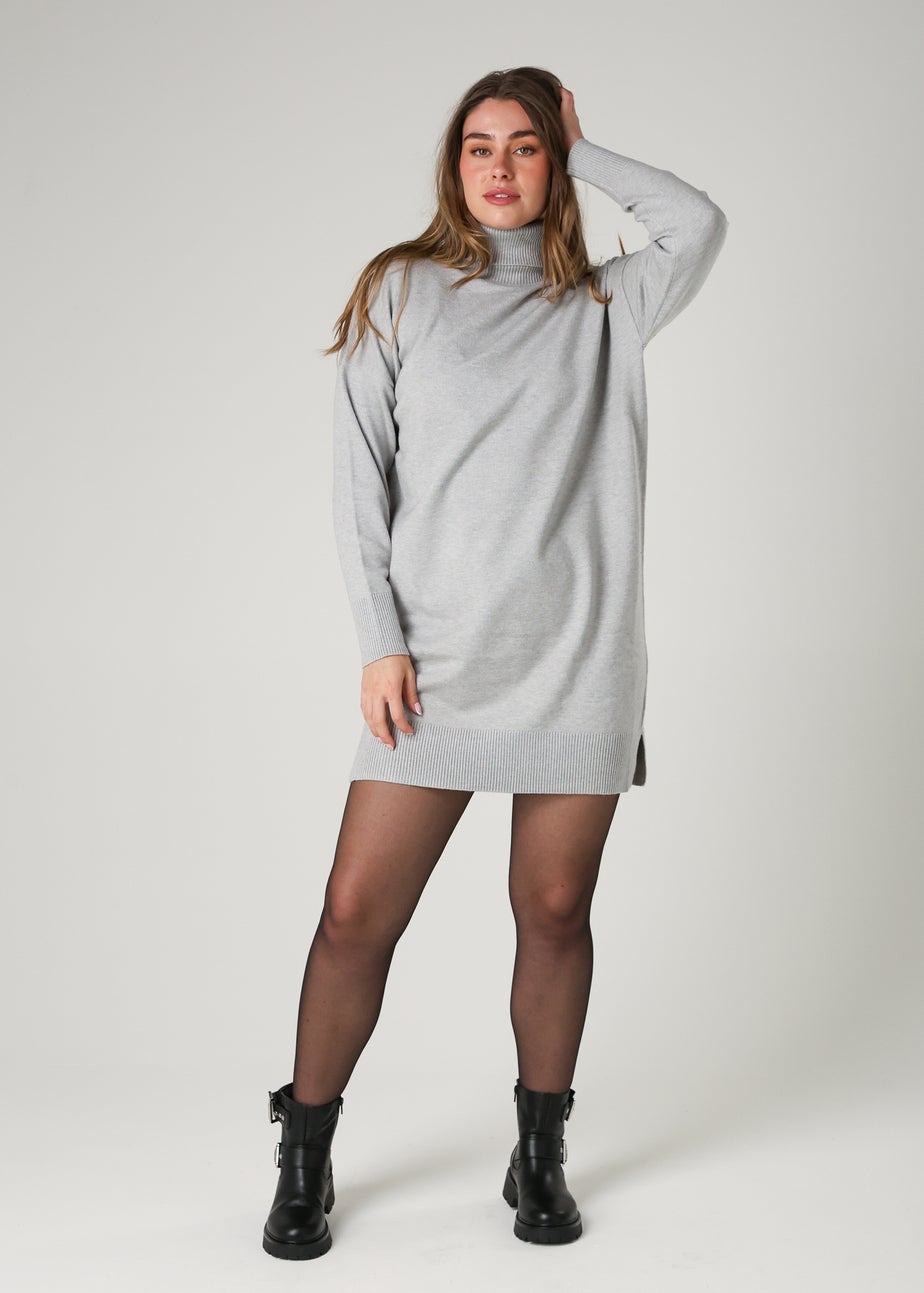 French Connection Light Grey Cosy Roll Neck Long Sleeve Mini Dress