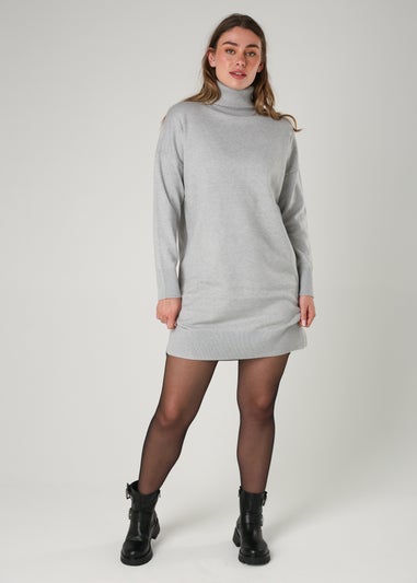 French Connection Light Grey Cosy Roll Neck Long Sleeve Mini Dress