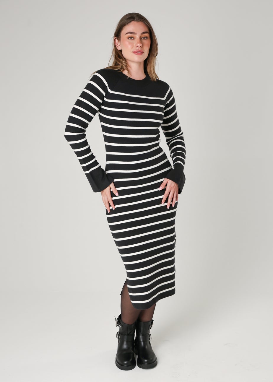 French Connection Grey Cosy Striped Midi Dress with Bell Sleeves