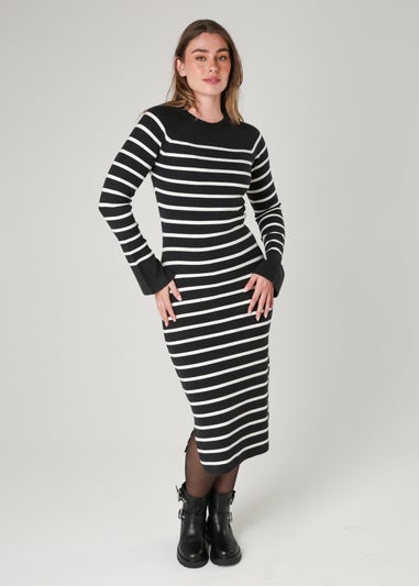 French Connection Grey Cosy Striped Midi Dress with Bell Sleeves