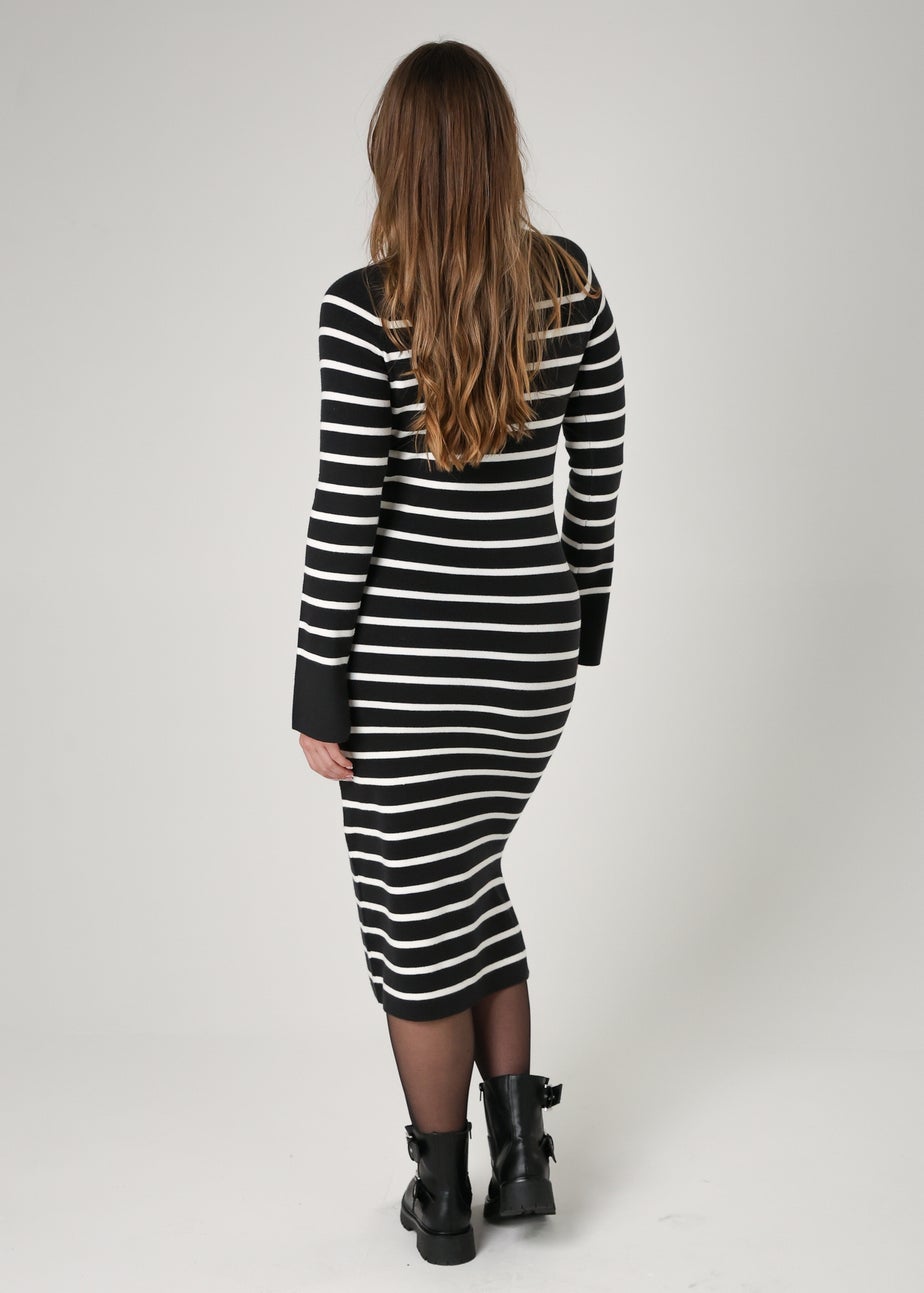 French Connection Grey Cosy Striped Midi Dress with Bell Sleeves