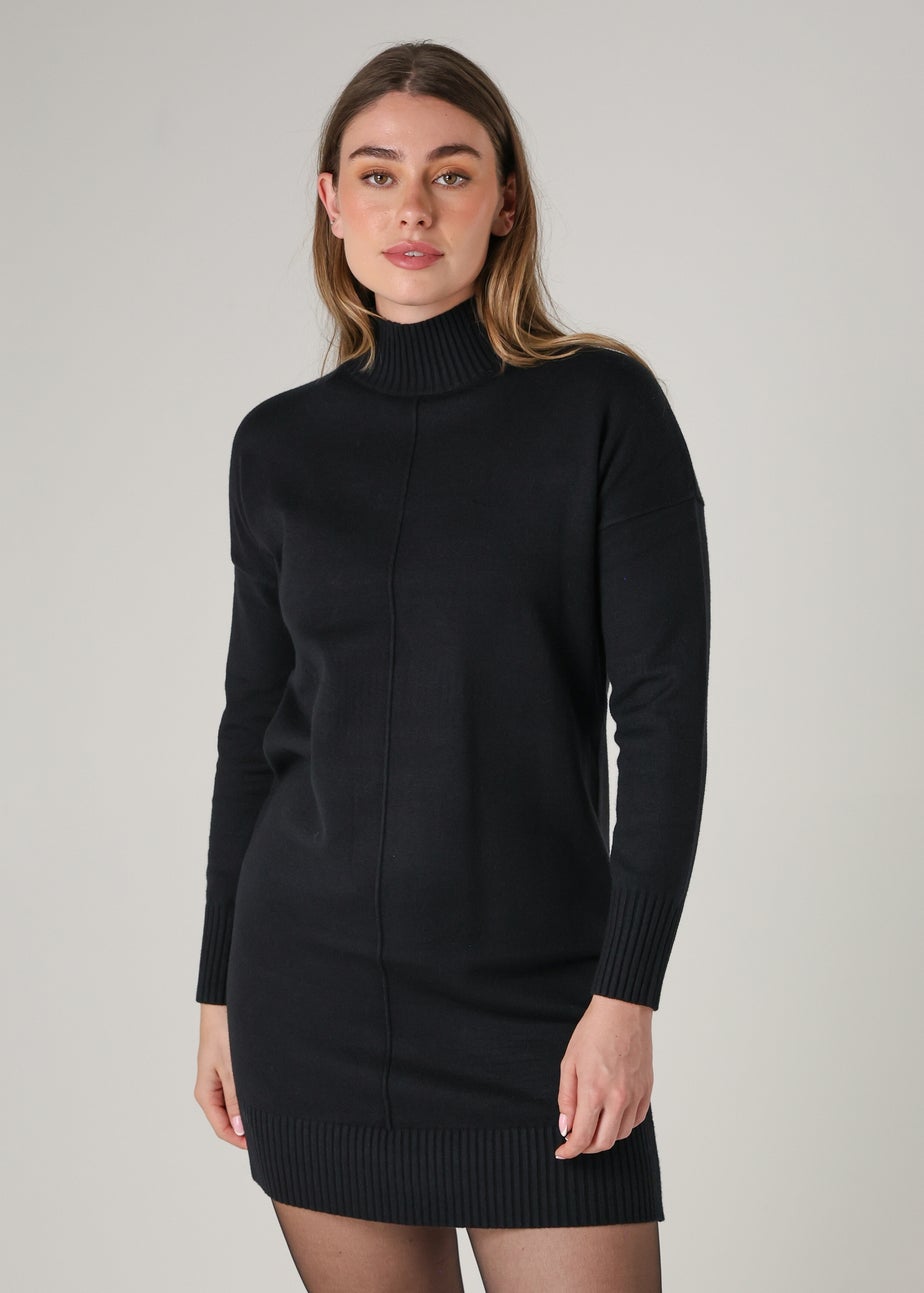 French Connection Black Cosy Soft Touch High Neck Seam Jumper Mini Dress