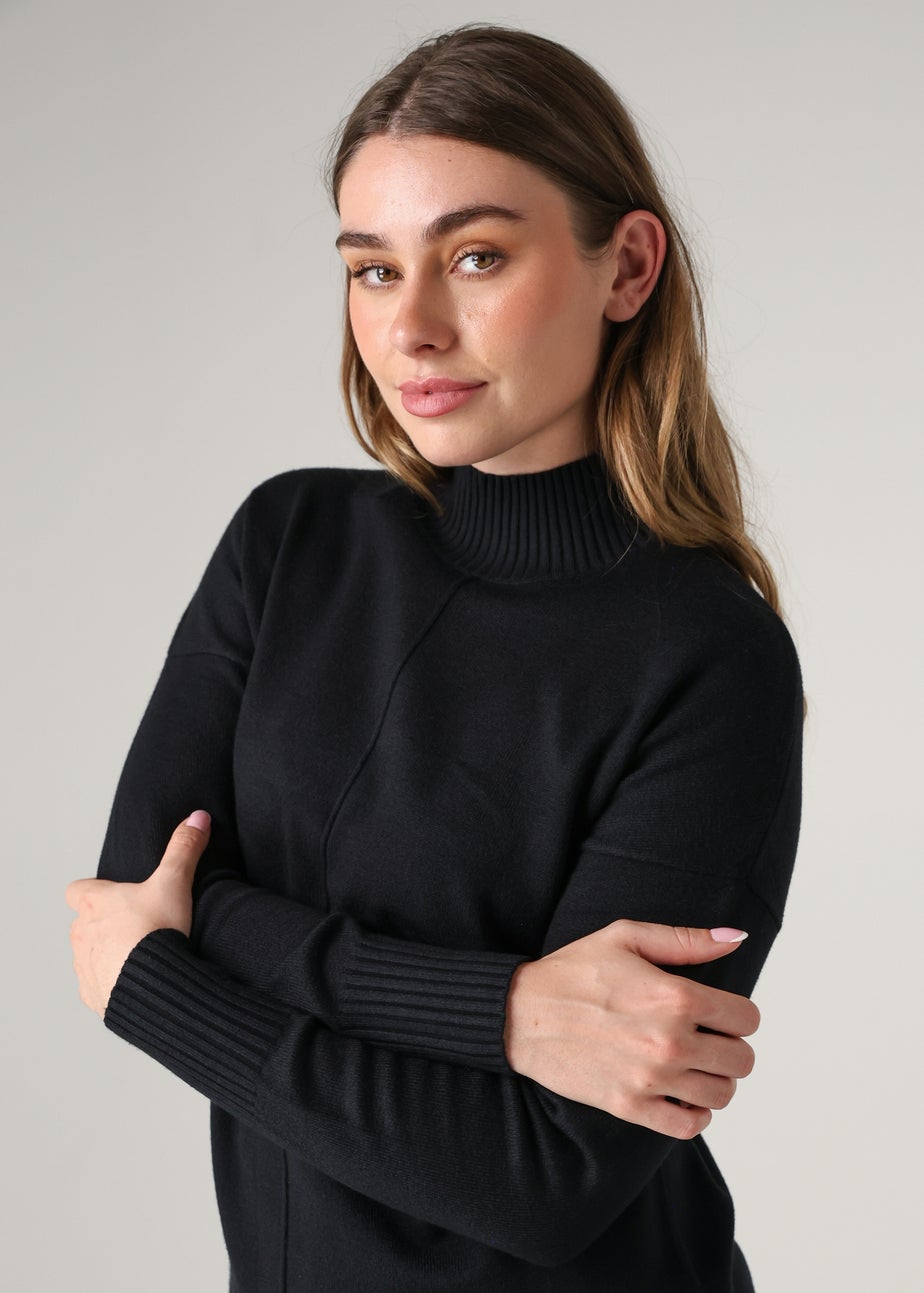 French Connection Black Cosy Soft Touch High Neck Seam Jumper Mini Dress