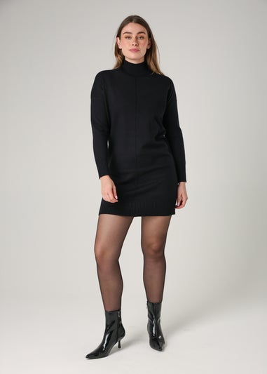 French Connection Black Cosy Soft Touch High Neck Seam Jumper Mini Dress