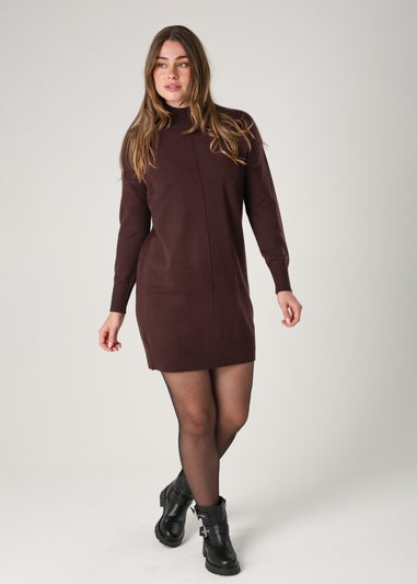 French Connection Brown Cosy Soft Touch High Neck Seam Jumper Mini Dress