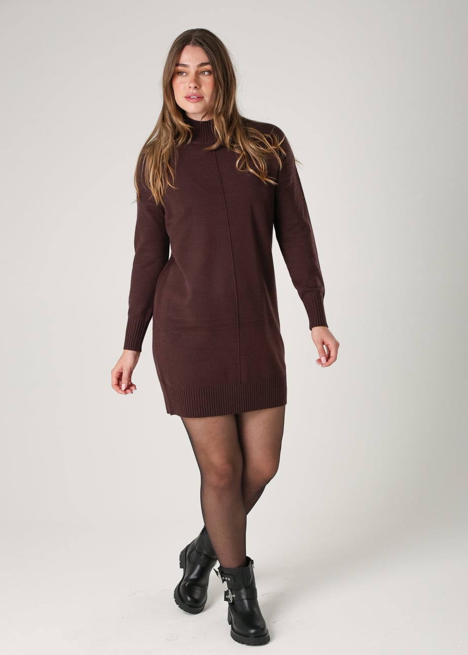 French Connection Brown Cosy Soft Touch High Neck Seam Jumper Mini Dress