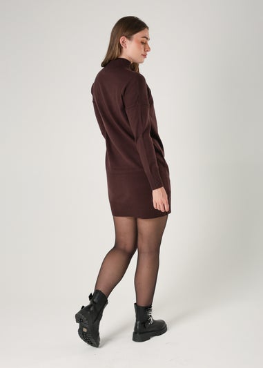 French Connection Brown Cosy Soft Touch High Neck Seam Jumper Mini Dress