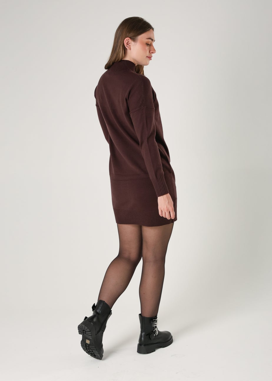 French Connection Brown Cosy Soft Touch High Neck Seam Jumper Mini Dress