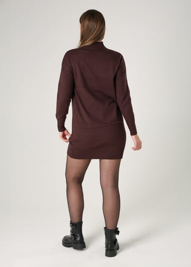 French Connection Brown Cosy Soft Touch High Neck Seam Jumper Mini Dress