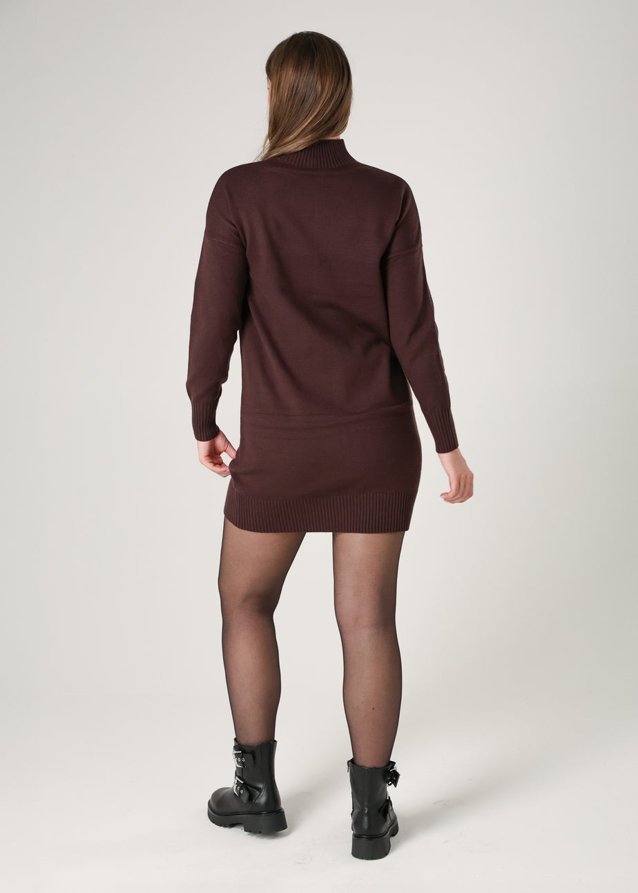 French Connection Brown Cosy Soft Touch High Neck Seam Jumper Mini Dress
