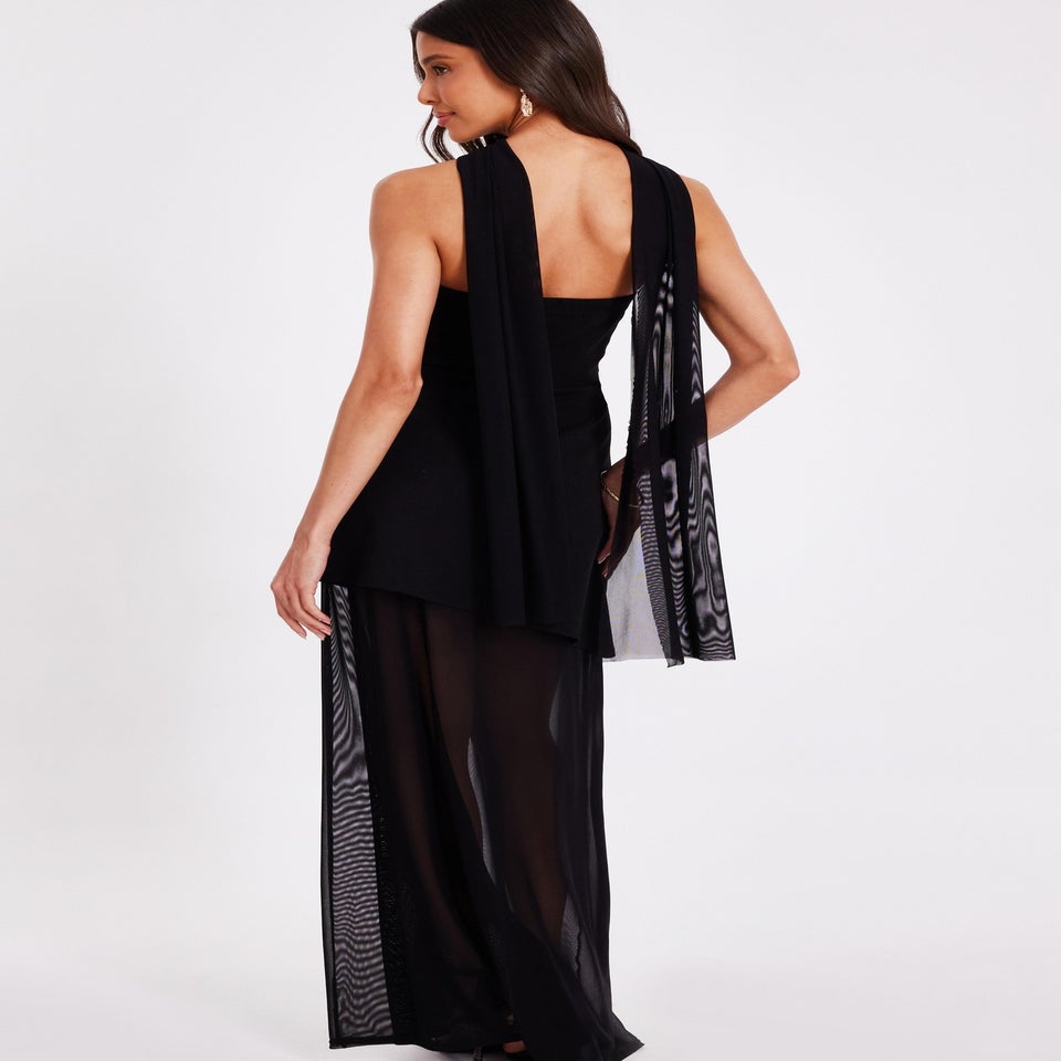Quiz Black Strapless Mesh Hem Maxi Dress