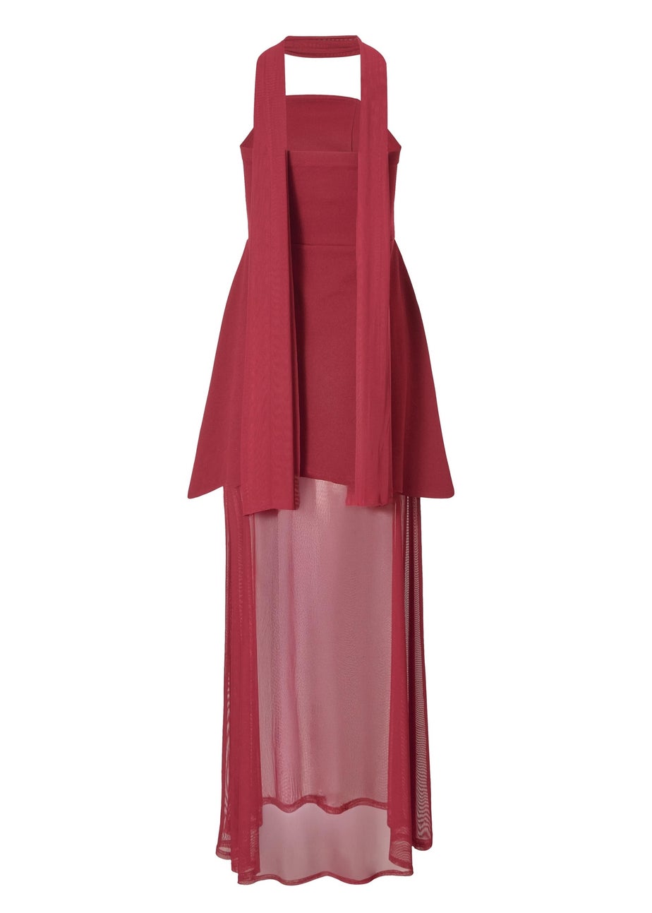 Quiz Burgundy Strapless Mesh Hem Maxi Dress