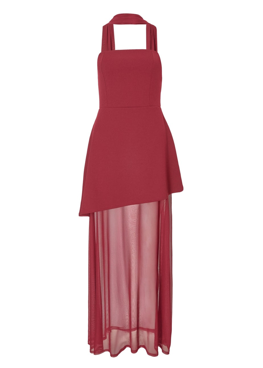 Quiz Burgundy Strapless Mesh Hem Maxi Dress