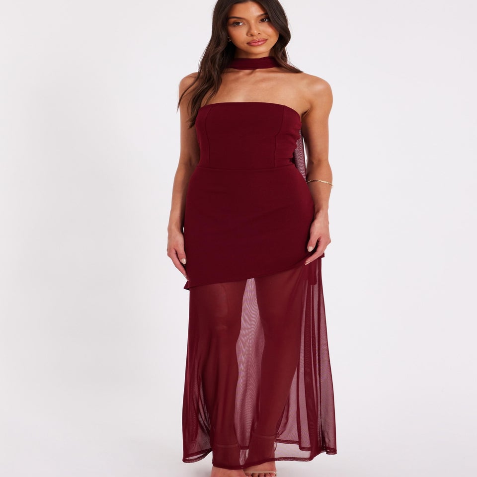 Quiz Burgundy Strapless Mesh Hem Maxi Dress