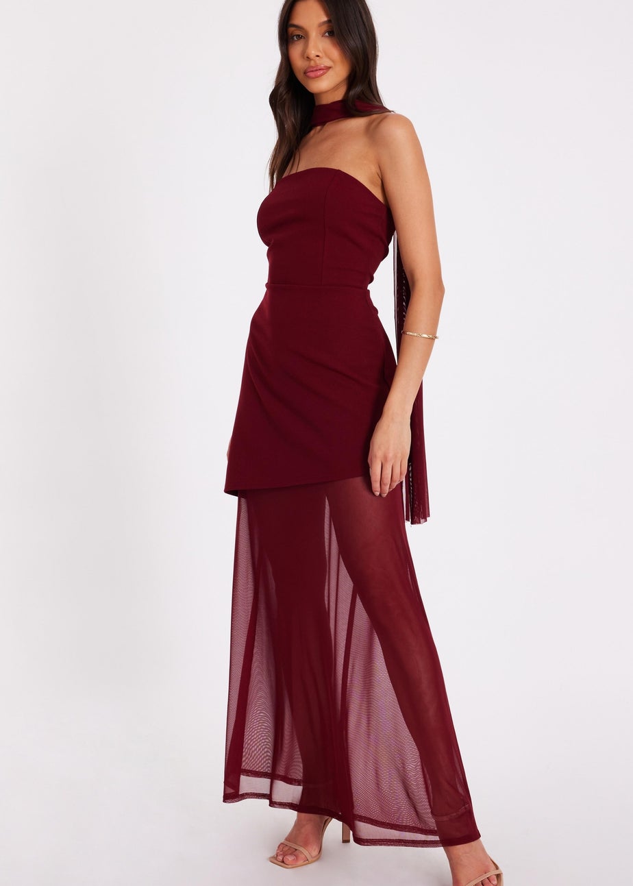 Quiz Burgundy Strapless Mesh Hem Maxi Dress