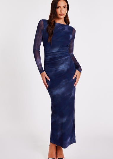 Quiz Blue Printed Long Sleeve Midaxi Dress