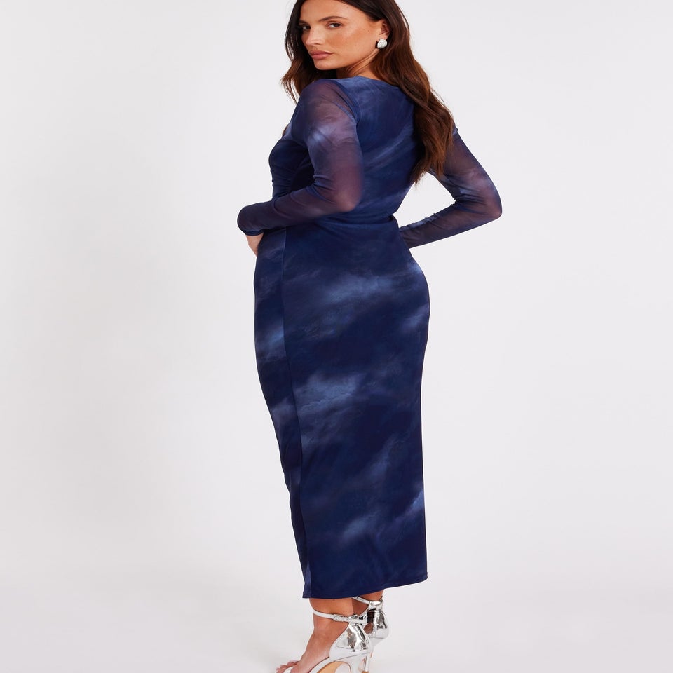Quiz Blue Printed Long Sleeve Midaxi Dress