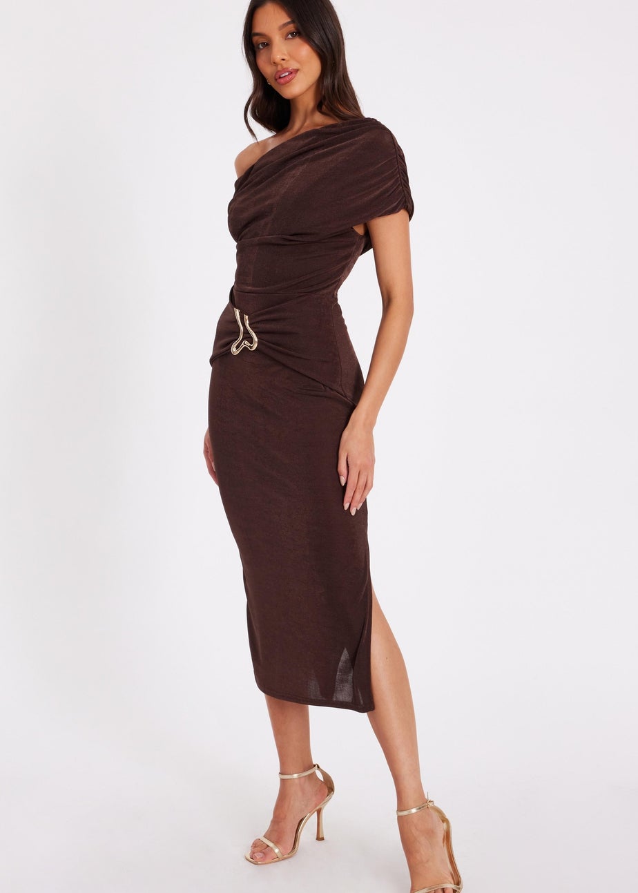Quiz Brown Drop Sleeve Buckle Midaxi Dress