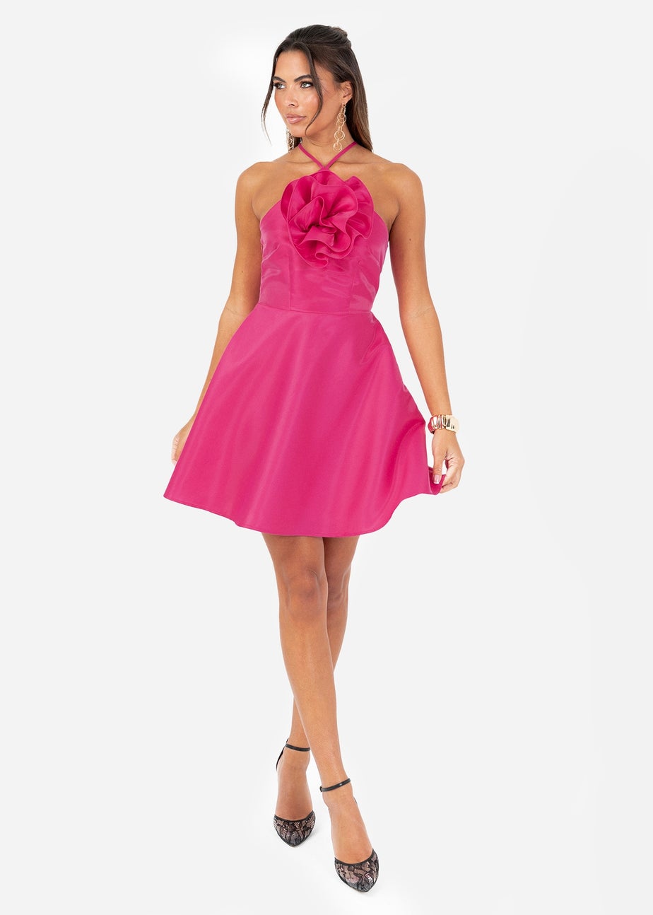 Maya Deluxe Hot Pink Flower Corsage Strappy Mini Dress