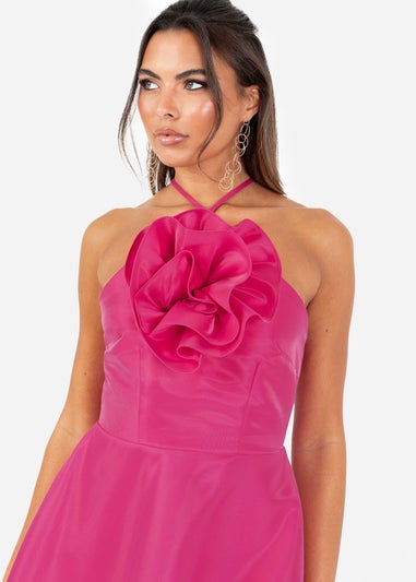Maya Deluxe Hot Pink Flower Corsage Strappy Mini Dress