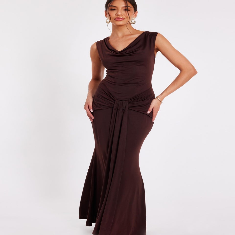 Quiz Brown Draped Cowl Neck Maxi Dress