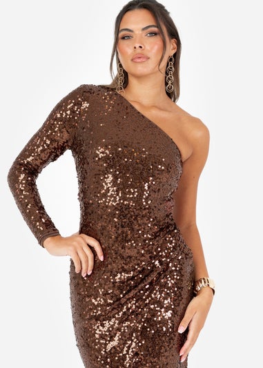 Maya Deluxe Brown Fully Embellished One Sleeve Midaxi Dress