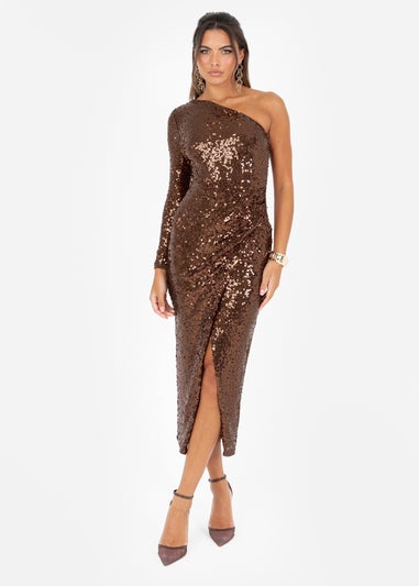 Maya Deluxe Brown Fully Embellished One Sleeve Midaxi Dress