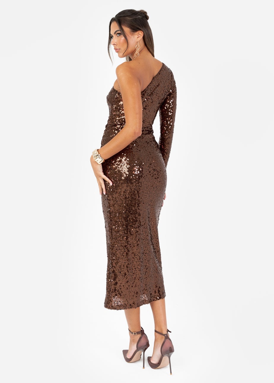 Maya Deluxe Brown Fully Embellished One Sleeve Midaxi Dress