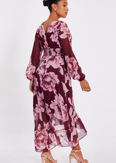 Quiz Burgundy Petite Floral Tiered Midaxi Dress