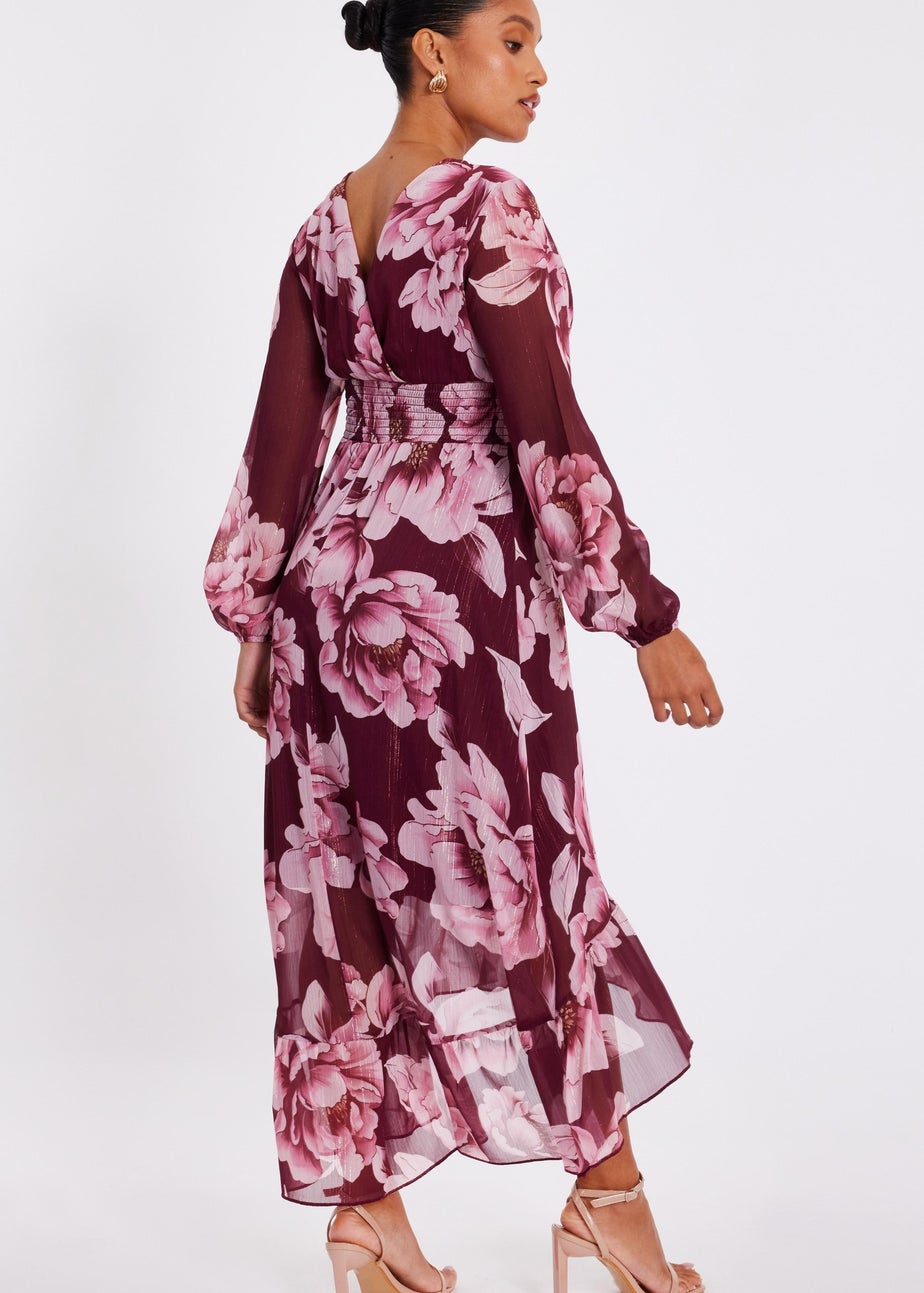 Quiz Burgundy Petite Floral Tiered Midaxi Dress