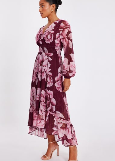 Quiz Burgundy Petite Floral Tiered Midaxi Dress